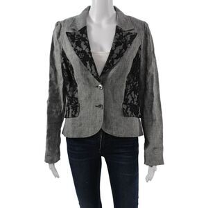 Jon Womens Floral Linen Blazer Collared Button Long Sleeve Gray Size S